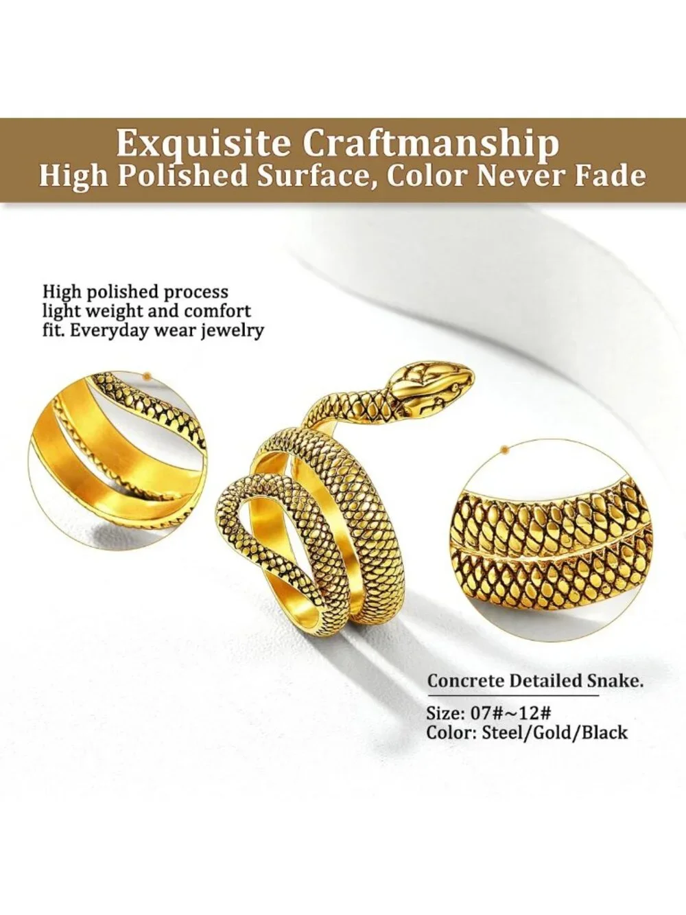 Punk Gothic Snake Wrap Ring for Men & Women, Stainless Steel Biker Jewelry, Size